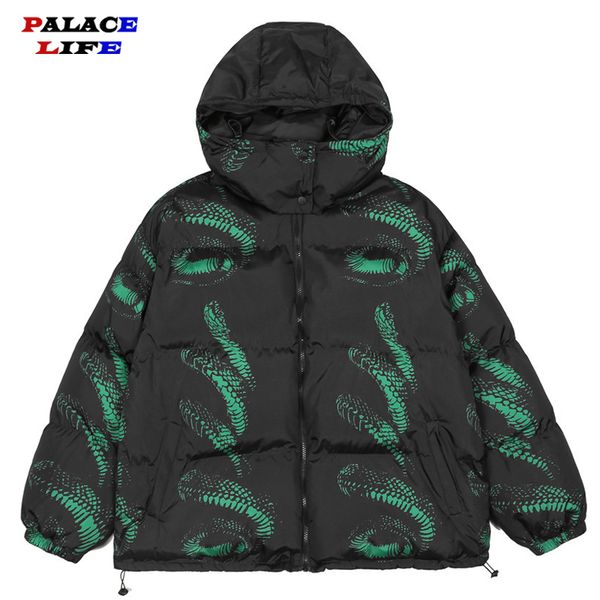 

men's down parkas winter parka jacket men punk snake full print streetwear warm thick zipper harajuku padded coat outerwear women 22112, Black