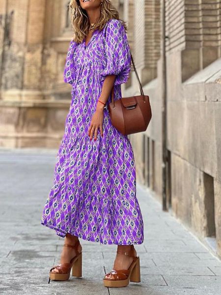 

casual dresses women boho maxi dresse casual vneck loose floral print drawstring puff sleeves dress chic beachwear party club vestidos cloth, Black;gray