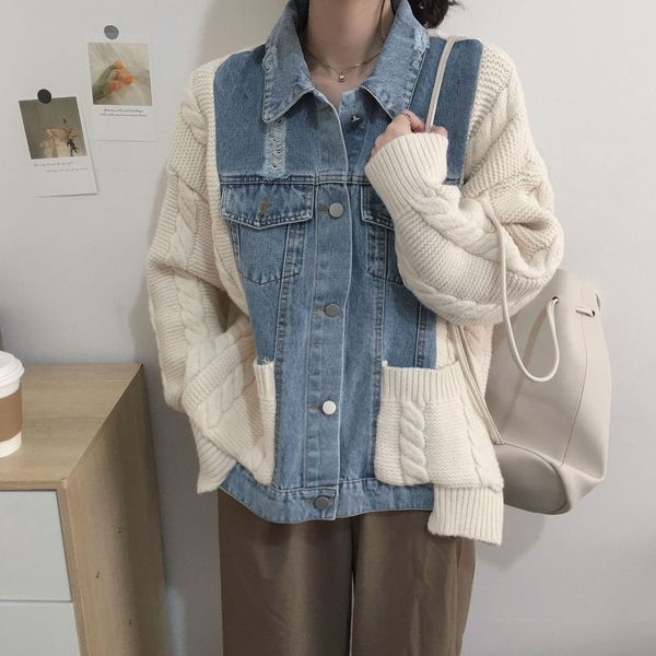 

women s knits tees denim patchwork woman sweater long sleeve jumper female cardigan autumn winter 221125, White