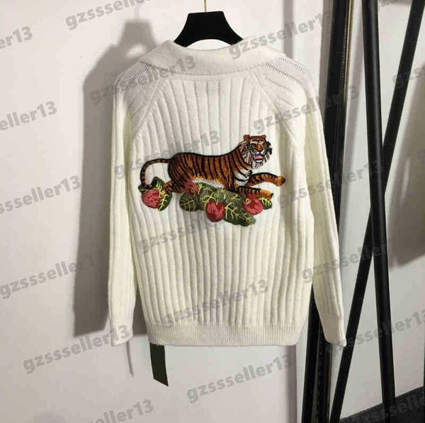 

luxury womens sweaters gu back tiger embroidered designer sweater patch striped lapel long sleeve knitwear women sweater, White;black