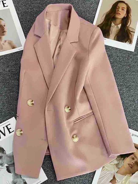 

women chic office lady pink blazer loose jacket fashion lapels long sleeve suit jacket double breasted ladies casual j220813, White;black
