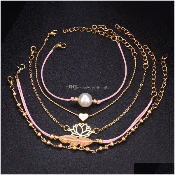 

charm bracelets 4 pcs/ set bohemian leaves heart love lotus pearl chain woven mtilayer bracelet women fashion gold jewelry gift drop dhca5, Golden;silver