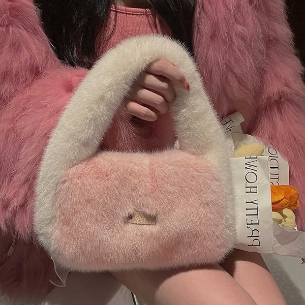 

totes cute women's soft plush shoulder bag contrast color ladies faux fur clutch purse tote handbags winter female dinner party bag y22