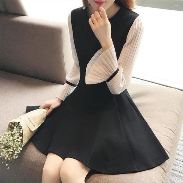 

hoodies autumn patchwork chiffon elastic waist flare sleeve female long vestidos a-line black knee-length