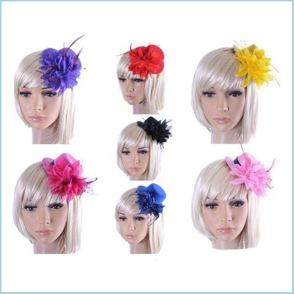 

wedding hair jewelry feather hat wedding ribbon gauze lace flower mini hats fascinator party hair clips caps bridal acce dhgarden dh39c, Slivery;golden
