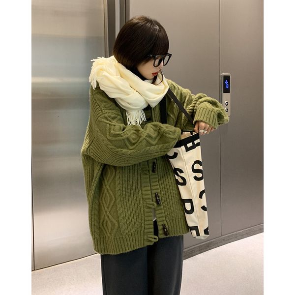 

women's knits tees women green cardigan sweater outerwear horn buckle korean fashion leisure lazy wind winter knitting thicken warm loo, White