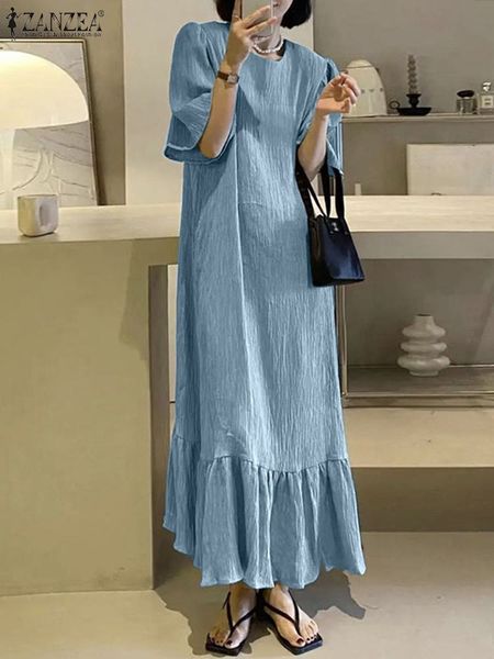 

casual dresses zanzea fashion women casual o neck solid loose ruffles dress female holiday party vestidos kaftan summer half sleeve sundress, Black;gray