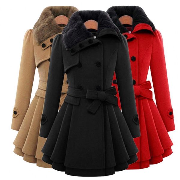 

women's wool blends ladies stylish warm buttons oversize coat streetwear wrap coat long sleeve for gathering 221125, Black