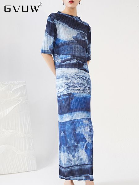 

casual dresses gvuw women printing pleated half sleeve blue long dress slim high waist round collar summer female vintage clothing 17c173 22, Black;gray