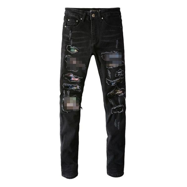 

new designer amr mens jeans print pattern pencil pants straight relaxed stretch slim trousers streetwear striped patch color hole jean, Blue