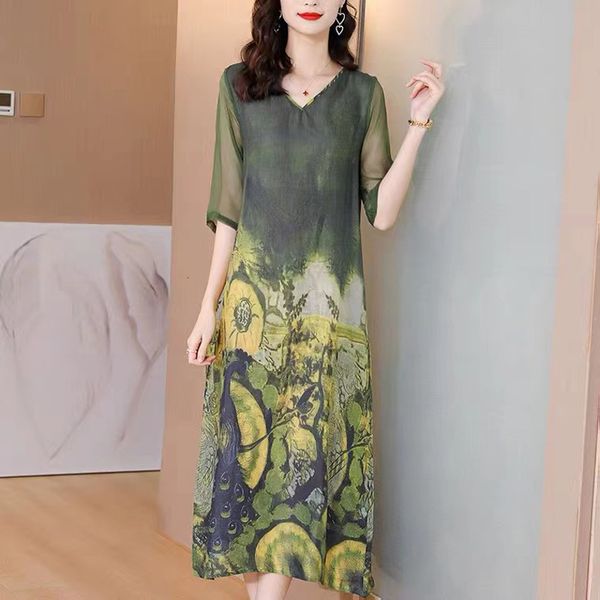 

casual dresses printed dress female summer satin retro stitching half sleeve loose midlength dress fashion elegant aline dress 221126, Black;gray