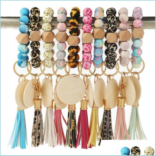 

key rings 2022 trendy design monogram disc wristlet keychain wooden beaded softball baseball print sport bracelet 2131 e3 drop deliv dh0fk, Slivery;golden