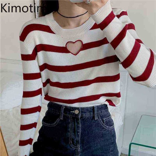 

women's sweaters kimotimo striped knitted sweater women early autumn ohals heart hollow out basic sweater korean chic casual depression, White;black