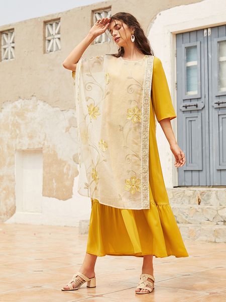 

casual dresses toleen women casual elegant maxi long dress summer yellow embroidery flowers abaya muslim turkey evening party robe vestido 2, Black;gray