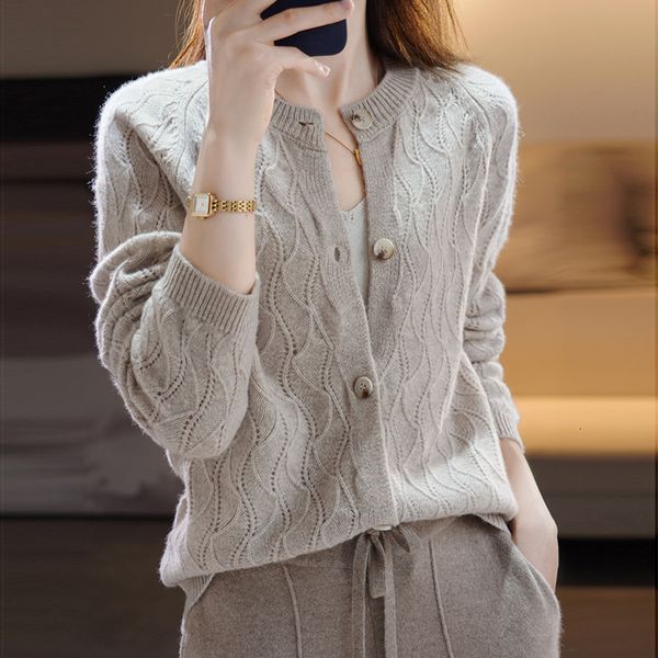 

women's knits tees autumn and winter 100 wool female round neck hollow knit cardigan loose and versatile fashionable comfortable warm s, White