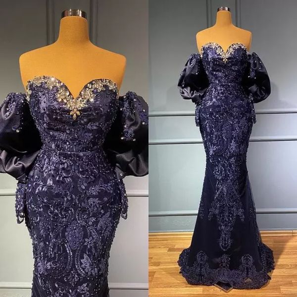 

2022 plus size arabic aso ebi luxurious lace beaded prom dresses memraid navy blue evening formal party second reception gowns dress wly935, Black