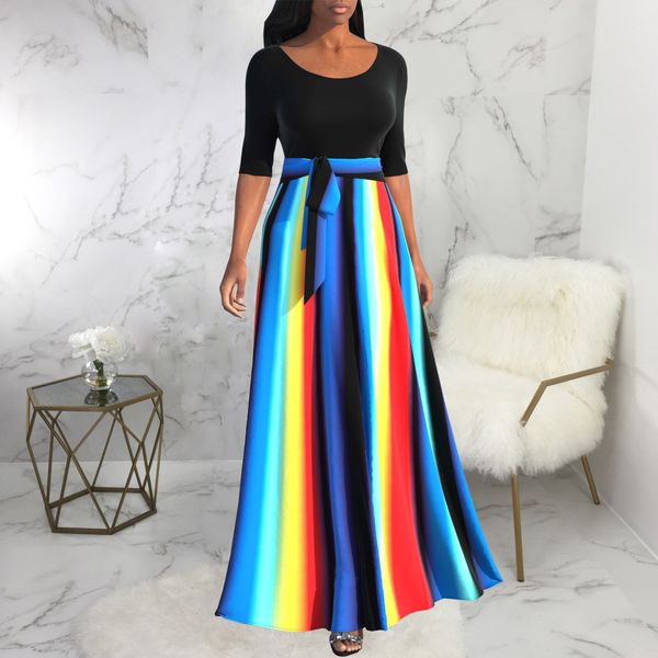 

casual dresses banquet elegant abstract printing aline skirt robe femme autumn round neck contrasting colors sashes half sleeve maxi dress 2, Black;gray