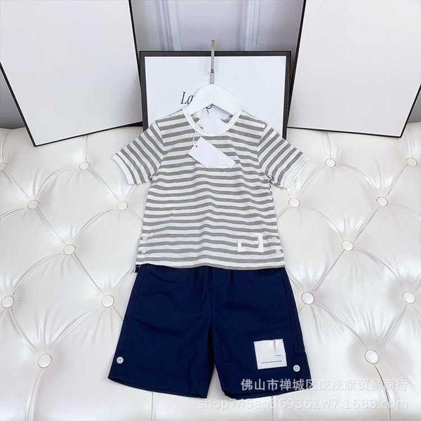 

designer clothing sets children's summer new boys' girls' striped round neck short sleeve handsome capri shorts set, White