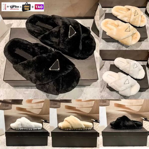 

designer women slippers luxury wool slides soft warm fur slippers brand enameled triangle crossover fashion black white ladies sandals 36-41