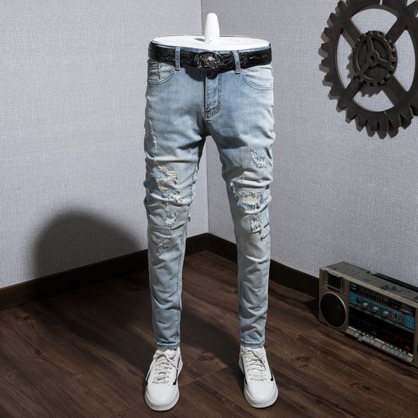 

men's jeans fashion ripped denim trousers high-quality straight casual four seasons small feet nine-point pants men 221128, Blue