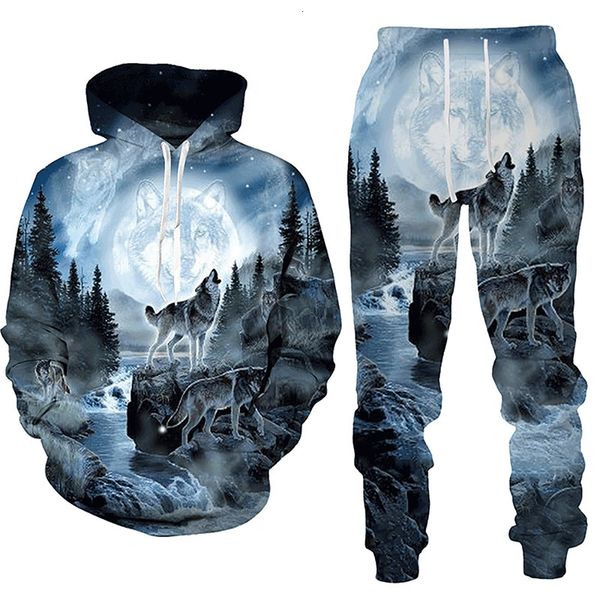 

men's tracksuits forest wolf 3d printed hoodie suit male autumn winter casual sweashirts sweatpants men tracksuit set fashion clothing, Gray