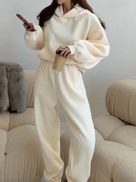 

women s two piece pants 100 cotton sweatshirt oversized suit female loose velvet hooded 2 setsautumn women long suits sets 221125, White