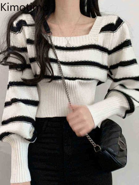 

women's sweaters kimotimo puff pastry sleeve striped cropped sweater women 2022 autumn square collar waist sweater french fashion tempe, White;black