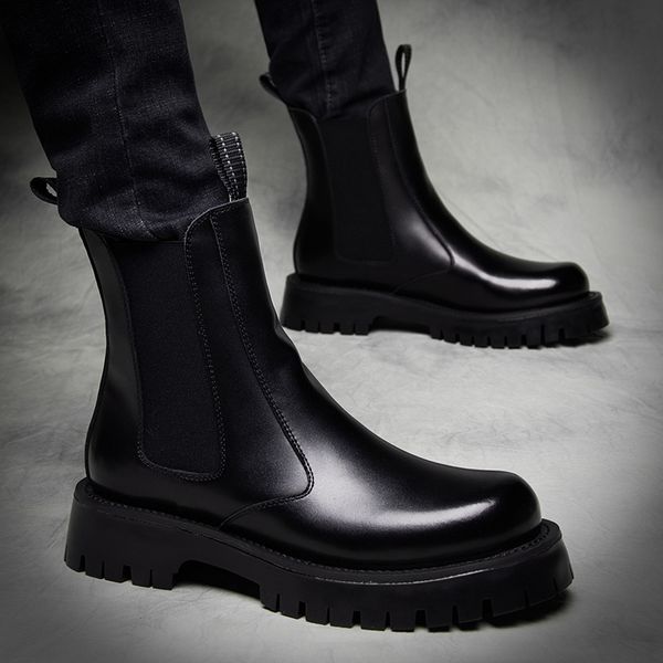 

boots brand designer men's leisure boots warm fur winter shoes genuine leather platform boot moto ankle botas hombre zapatos 221128, Black