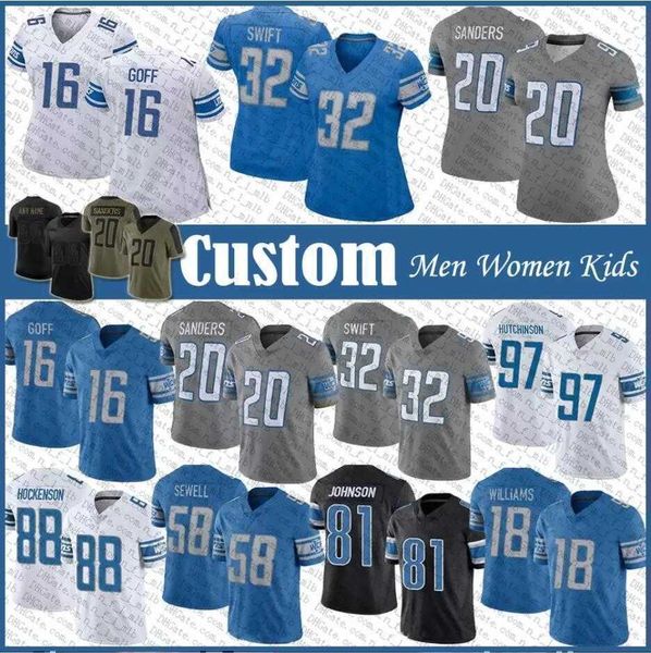 

jersey football detroit''lions''nfl''97 aidan hutchinson 32 dandre swift custom 20 barry sanders t.j. hockenso, Black;red