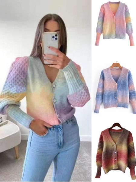 

women s knits tees fashion casual autumn and winter color stitching button knitted cardigan gradient gentle lazy wind 221125, White