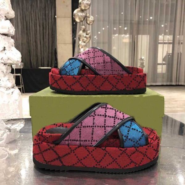 

2022 womens fashion embroidered canvas designer slides slip on slippers girls 60mm canvas covered platform sandals and dust bags big size, Black