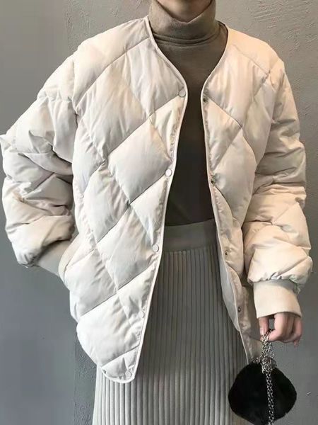 

women's down parkas winter clothes fashion coats rhombus cotton solid color collarless jacket pockets 221125, Black