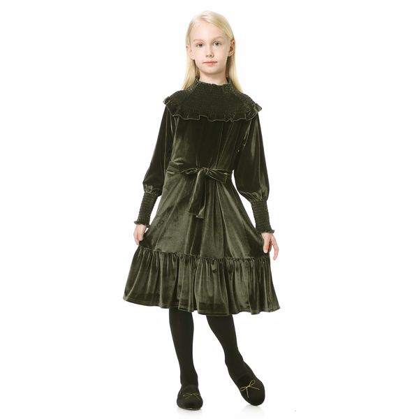 

girl's dresses olive green color fall baby teen girls velvet big girl elegant dress elastic neck sleeve sister clothes #9001 221125, Red;yellow