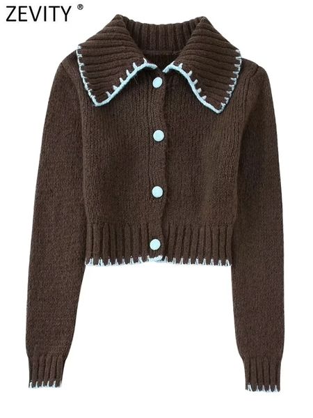 

women's knits tees zevity women fashion contrast color line stitching short knitting sweater female chic buttons casual cardigan coat, White