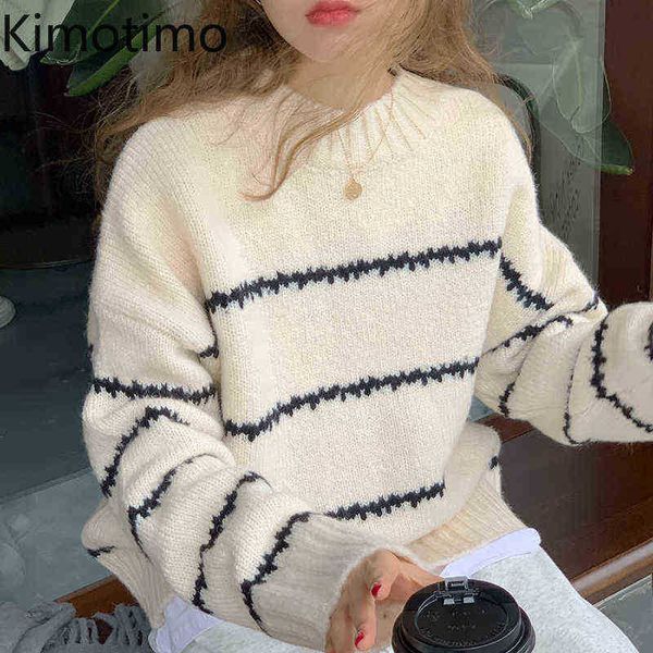 

women's sweaters kimotimo striped sweater women 2021 autumn ohals color contrast knitted korean chic loose long sleeve sweaters j22091, White;black