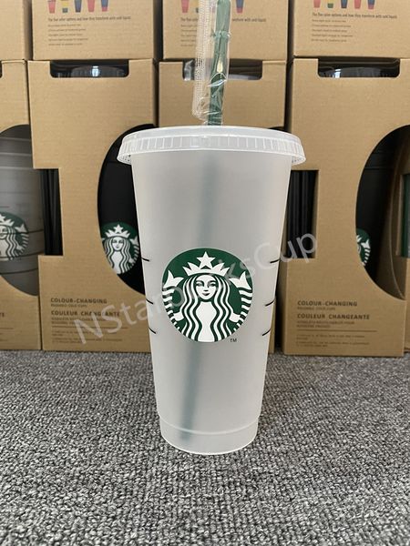 

party 4437 straw starbucks shape reusable mugs tumbler mermaid drinking plastic flat bottom pillar 24oz/710ml clear goddess cups lid gdiko
