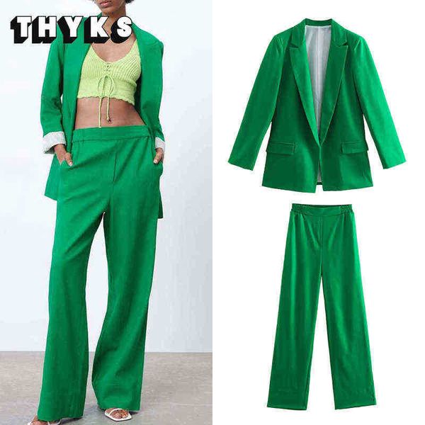

2022 spring women long sleeve lapels green blazer high waist loose elastic waist straight pants two piece set pants suit za j220813, White;black