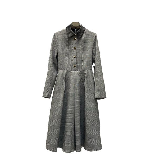 

autumn and winter new lace decorative collar tie waist plaid dress, Black;gray