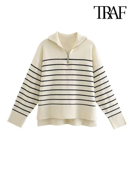 

women's sweaters traf women fashion loose striped asymmetry knitted sweaters vintage long sleeve zipup female pullovers chic 221128, White;black