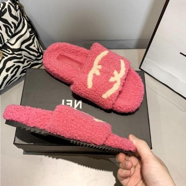 

designers women soft slippers woolskin sheepskin insole slides winter luxury plush fur oran sandals rubber sole flat slipper c68 qgvcn, Black