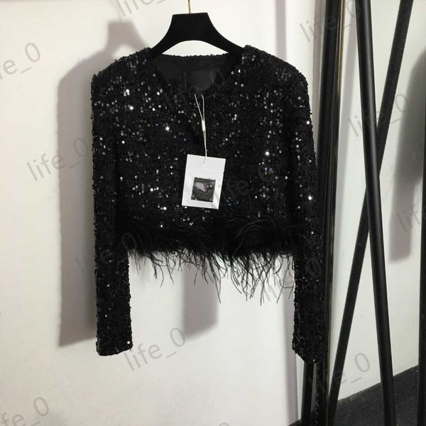 

fashion designer womens jackets branded full body sequined lapel cropped coats hem stitched fringed warm women jacket, Black;brown
