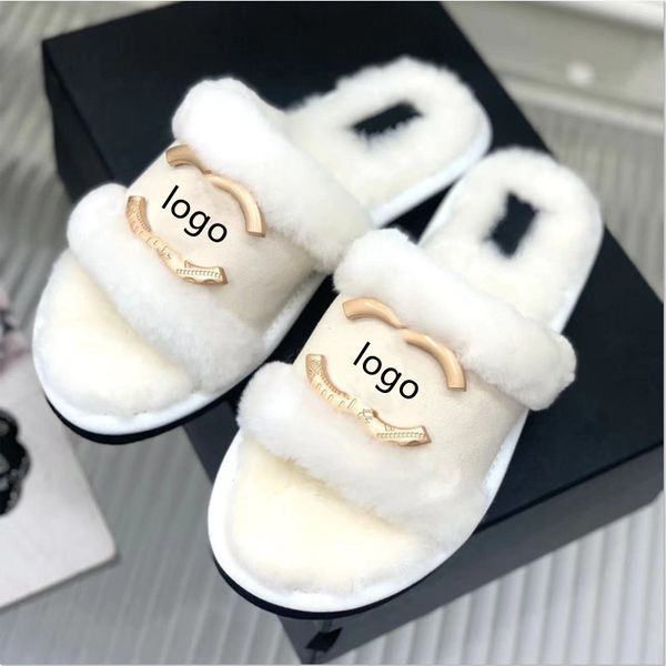 

2023 luxury wool slippers women's autumn and winter fuzzy printing belt buckle lazy women's thick wool warm half slippers 35-39, Black