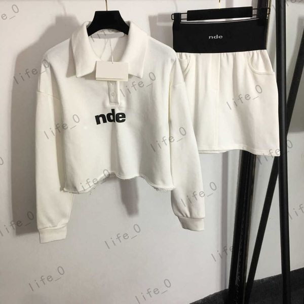 

designer womens two piece dress sweatshirt lapel letter logo print elastic high waist skirt fashion women two pieces sets, White