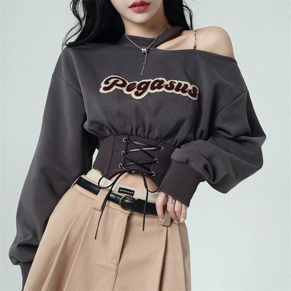 

women's hoodies sweatshirts deeptown vintage women sweatshirt y2k kpop one shoulder korean fashion cropped streetwear harajuku grunge 2, Black