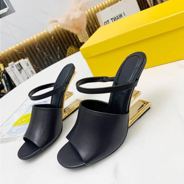 

black sculpted high-heeled slippers metallic high heels open toes slip-on slides calfskin leather outsole sandals for women luxury desi ubag