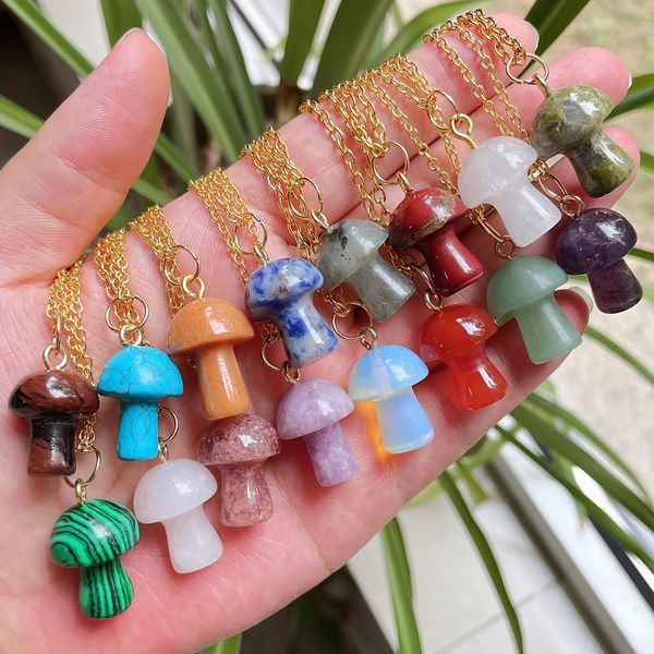 

healing natural crystal pendant necklace lovely mushroom charm amethyst opal rose quartz necklace fashion women jewelry, Silver