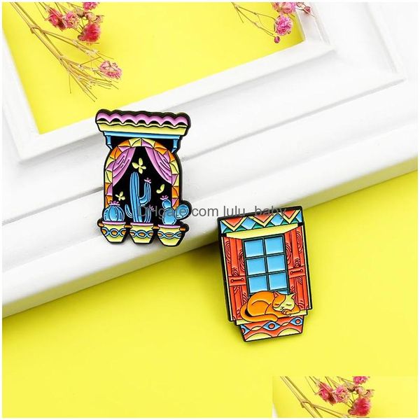 

pins brooches cartoon windowsill under night sky brooches for women cactus lazy cat paint enamel badges fashion alloy pin denim shi dh8we, Gray