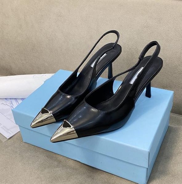

Designer metal pointy high heels shoes and Sandals women's triangle new ladies dinner black sexy female commuter leather High-Heeled shoes with box, A8
