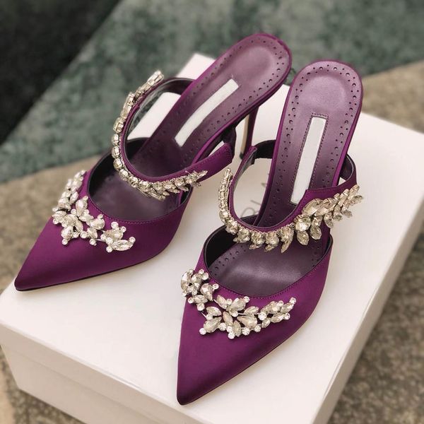 

scuffs satin rhinestone glittering decorative banquet shoes m b summer and spring multifunctional designer slippers 9cm luxury pointed women, Black