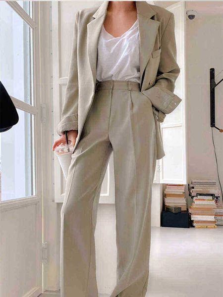 

blazer sets spring korean two piece set women long sleeve suit jacket wideleg pants suits office lady ensemble femme 2 pieces j220813, White;black